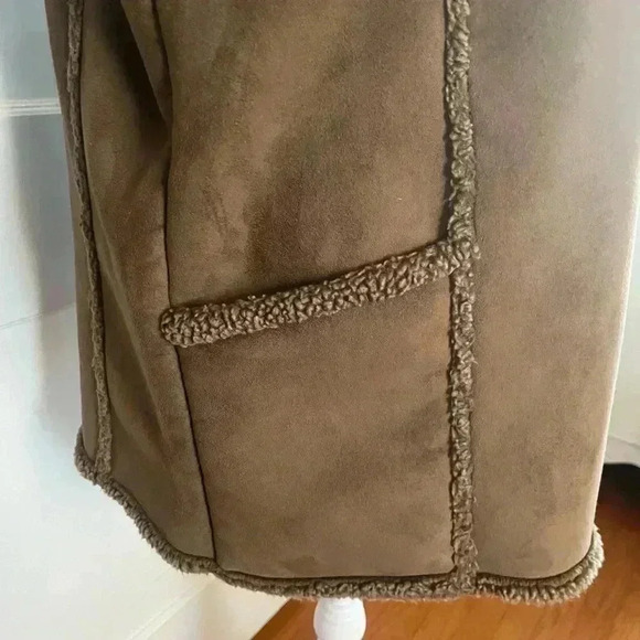 LL BEAN| chocolate Brown faux suede & Shearling mid length coat button XL cozy - Picture 5 of 10